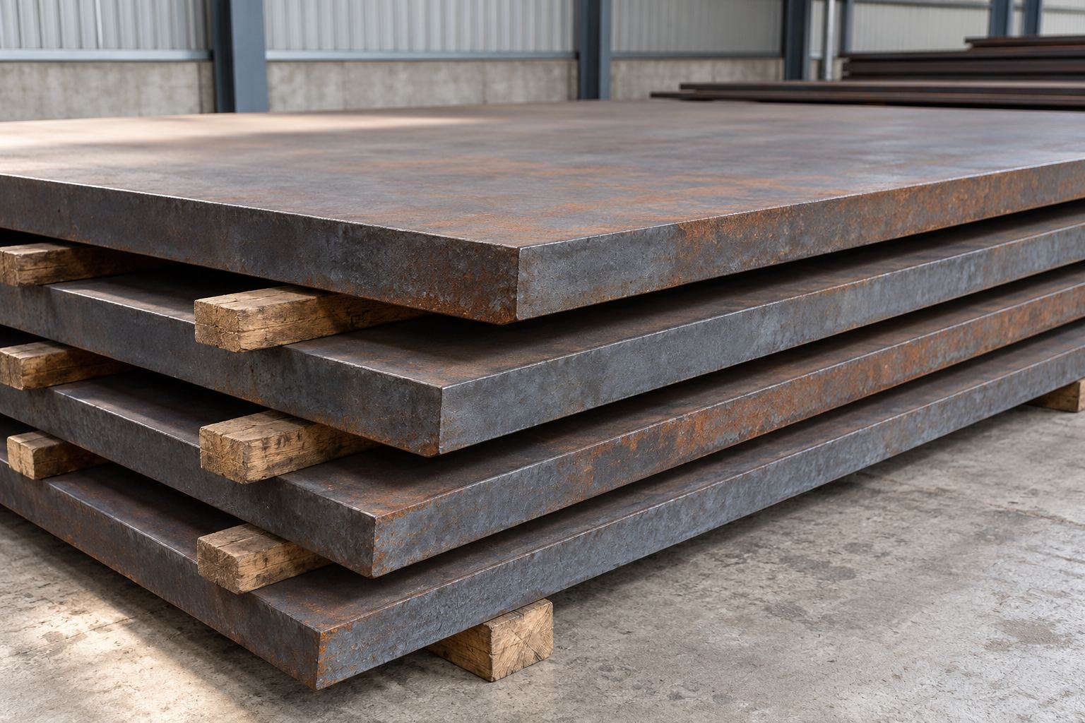 Illustrative stack of thick flat steel plates with mill scale; AI-generated representative illustration, not verified grade or stock
