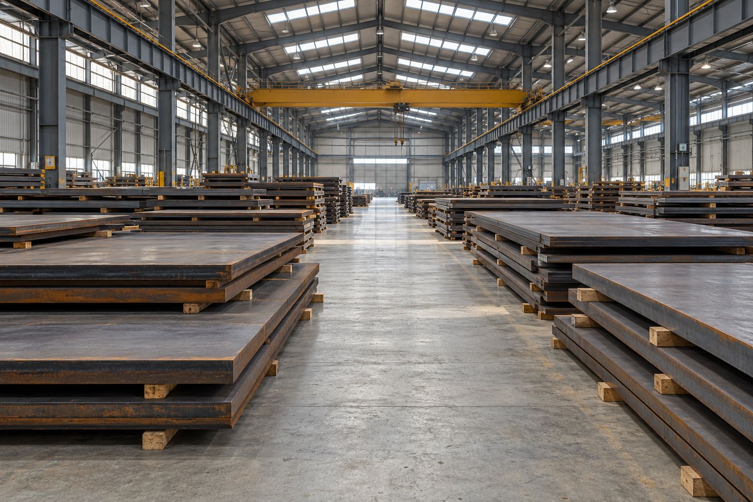 Wide interior view of a steel plate warehouse with orderly horizontal plate stacks; AI-generated representative illustration