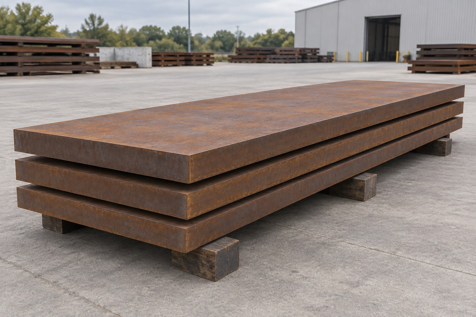 Representative illustration of long weathering steel plate blanks for bridge fabrication; not verified supplied material