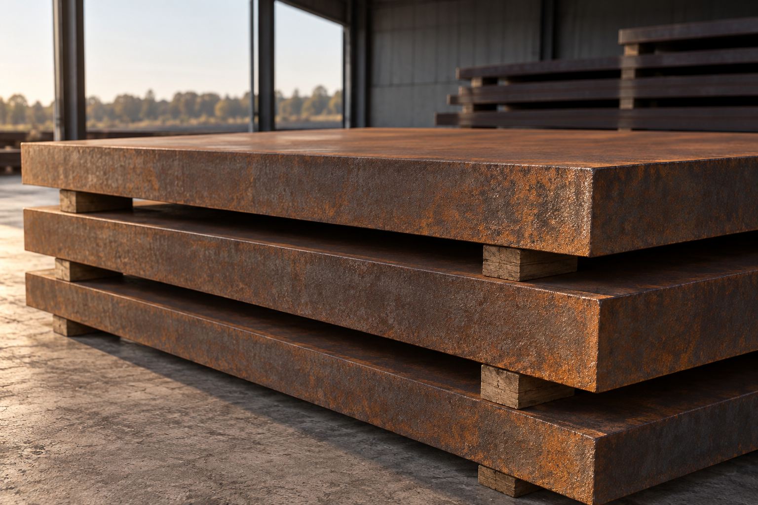 AI-generated illustration of stacked thick weathering steel plates