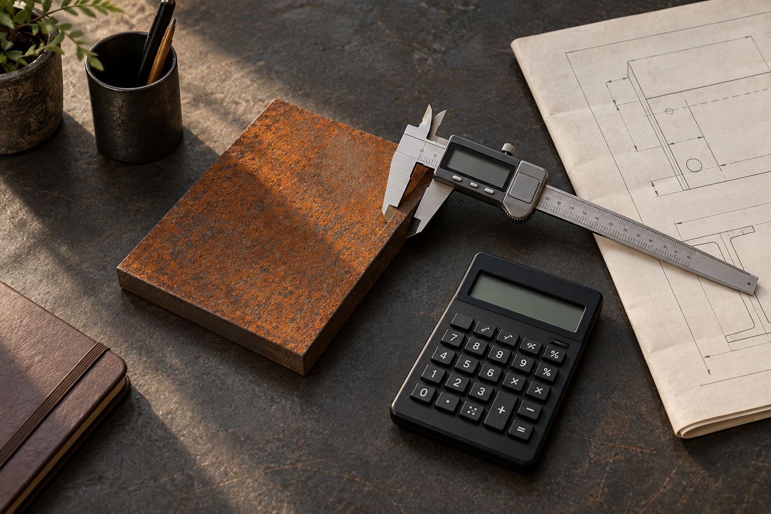 AI-generated illustration of a steel sample, caliper and calculator