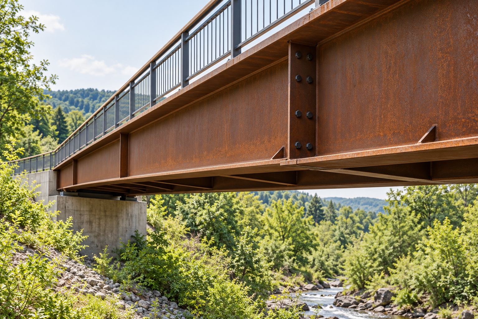 Weathering steel plate girders on an illustrative inland pedestrian bridge; AI-generated representative illustration