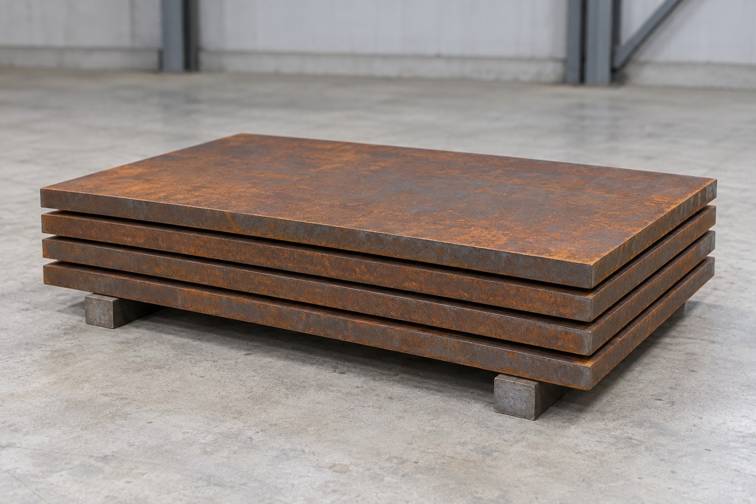 Representative illustration of neatly stacked weathering steel plates; grade is not verified by appearance