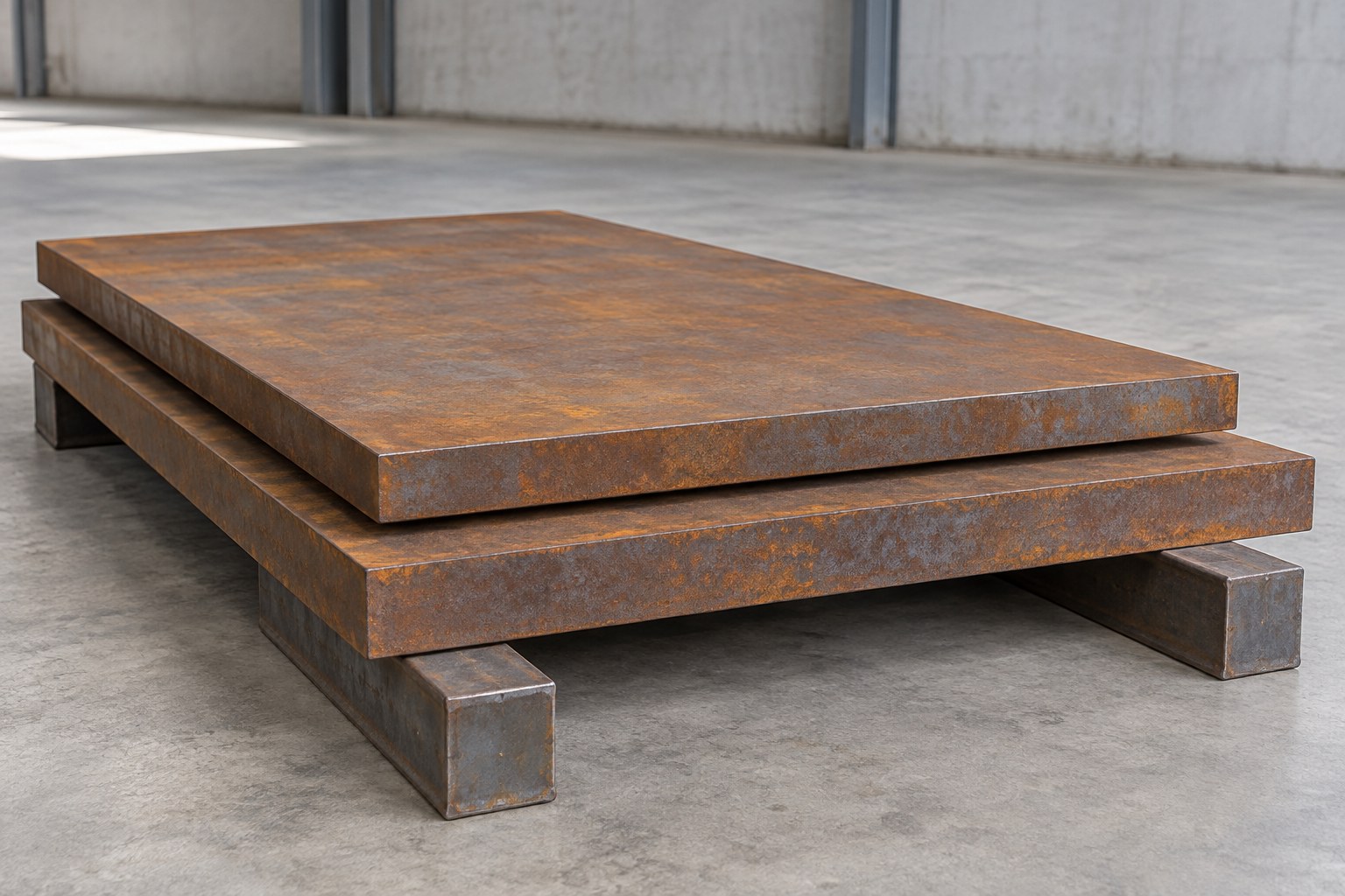 Representative illustration of thick weathering steel plates and clean cut edges; grade is not verified by appearance