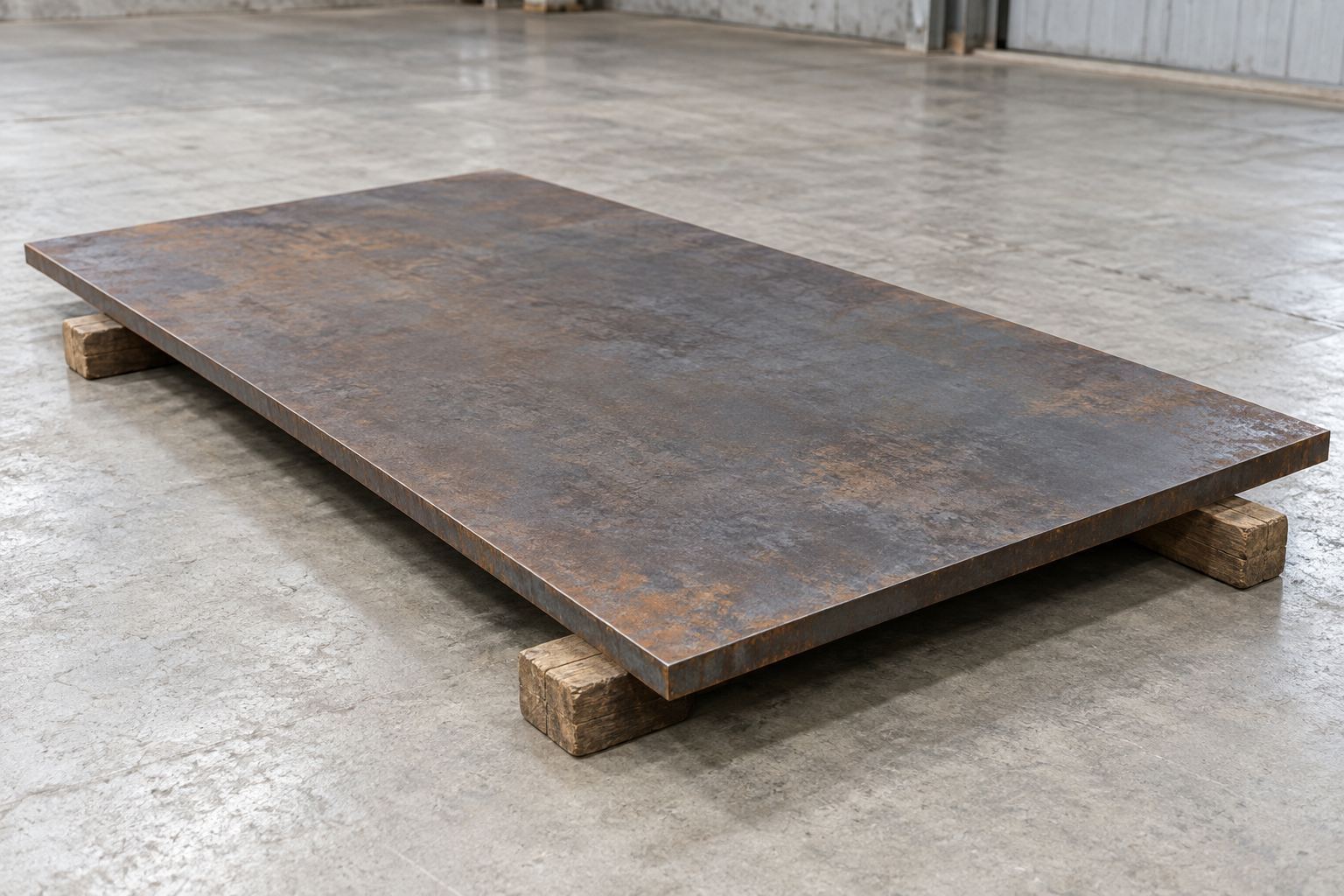 Illustrative single weathering steel plate supported horizontally on timber beams; AI-generated representative illustration, not verified grade or stock