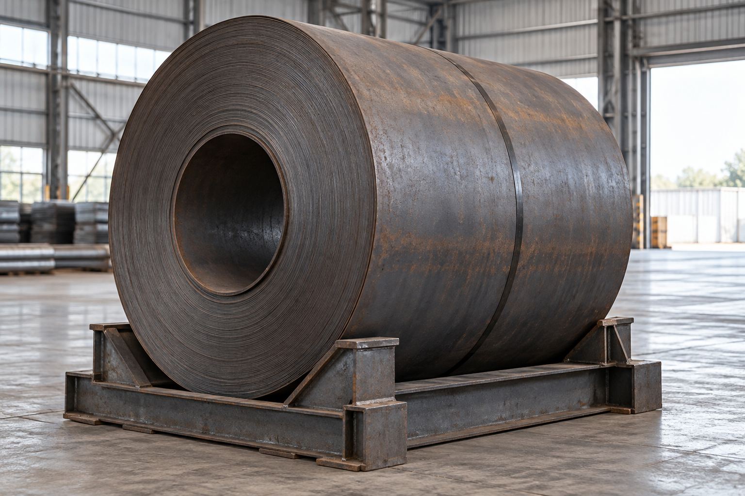 A hot-rolled steel coil secured in a cradle inside a warehouse; AI-generated representative illustration