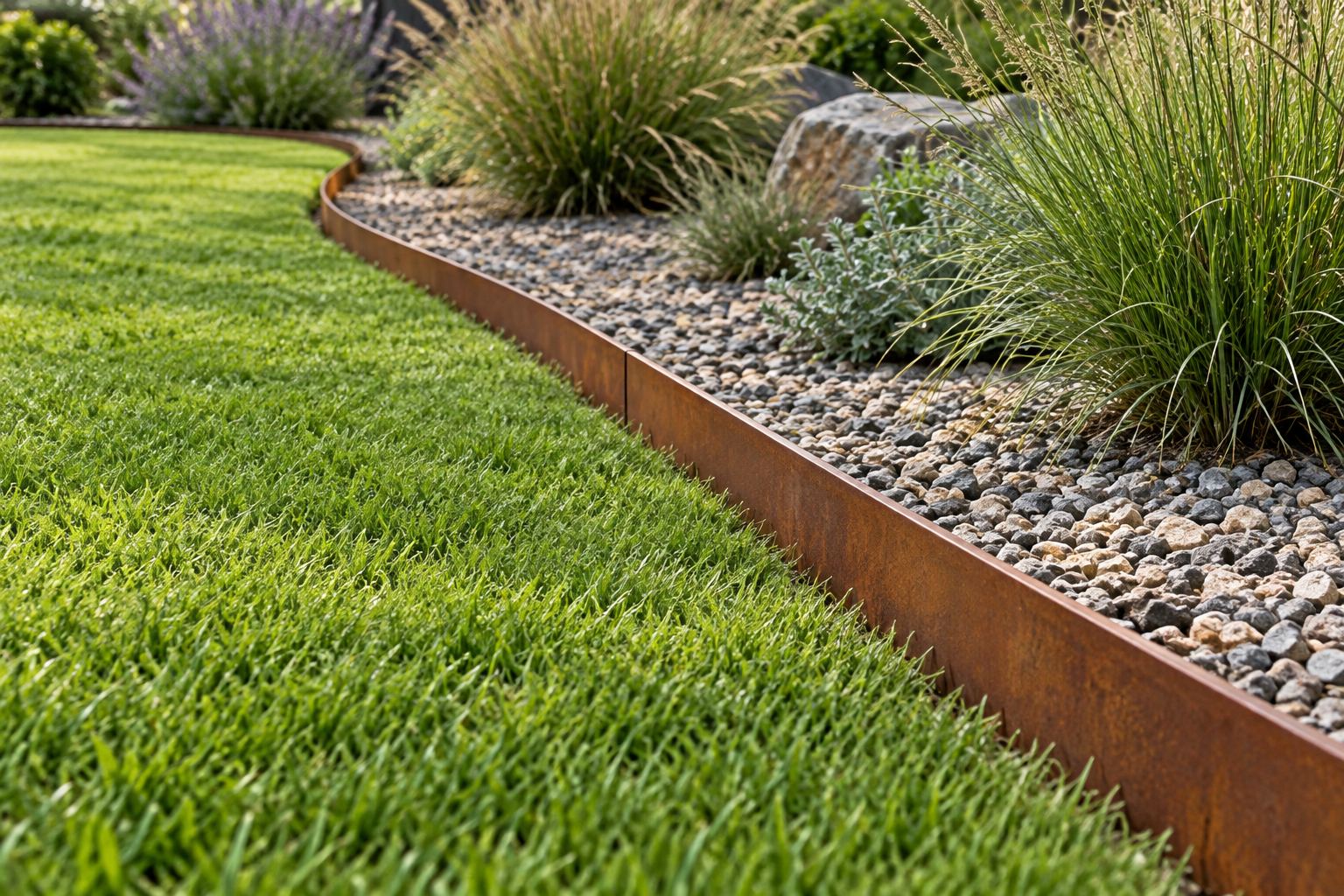 Low curved weathering steel edging separating a lawn from a gravel planting bed; AI-generated representative illustration