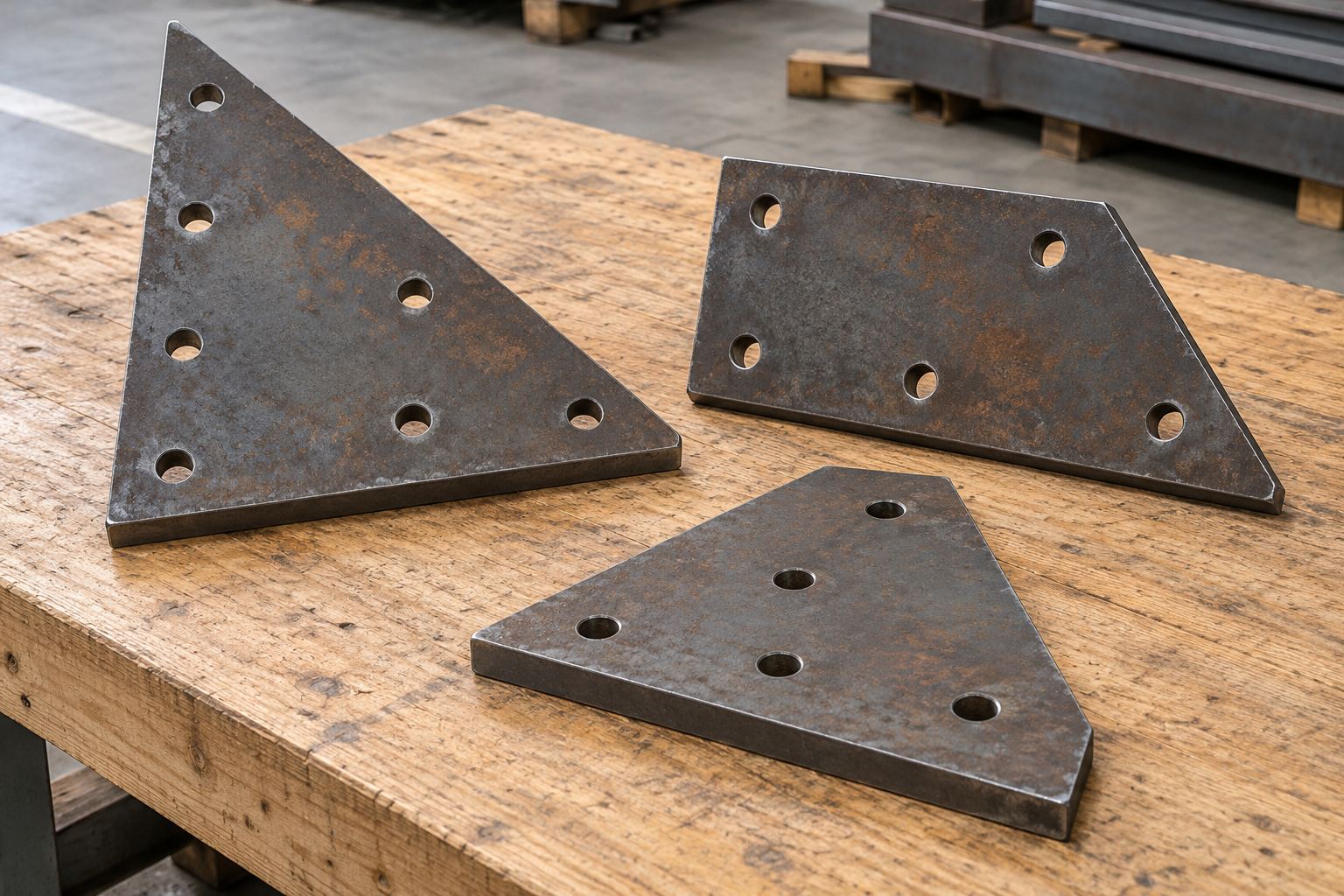 Polygonal flat steel gusset plate blanks with circular bolt-hole groups on a packing table; AI-generated representative illustration