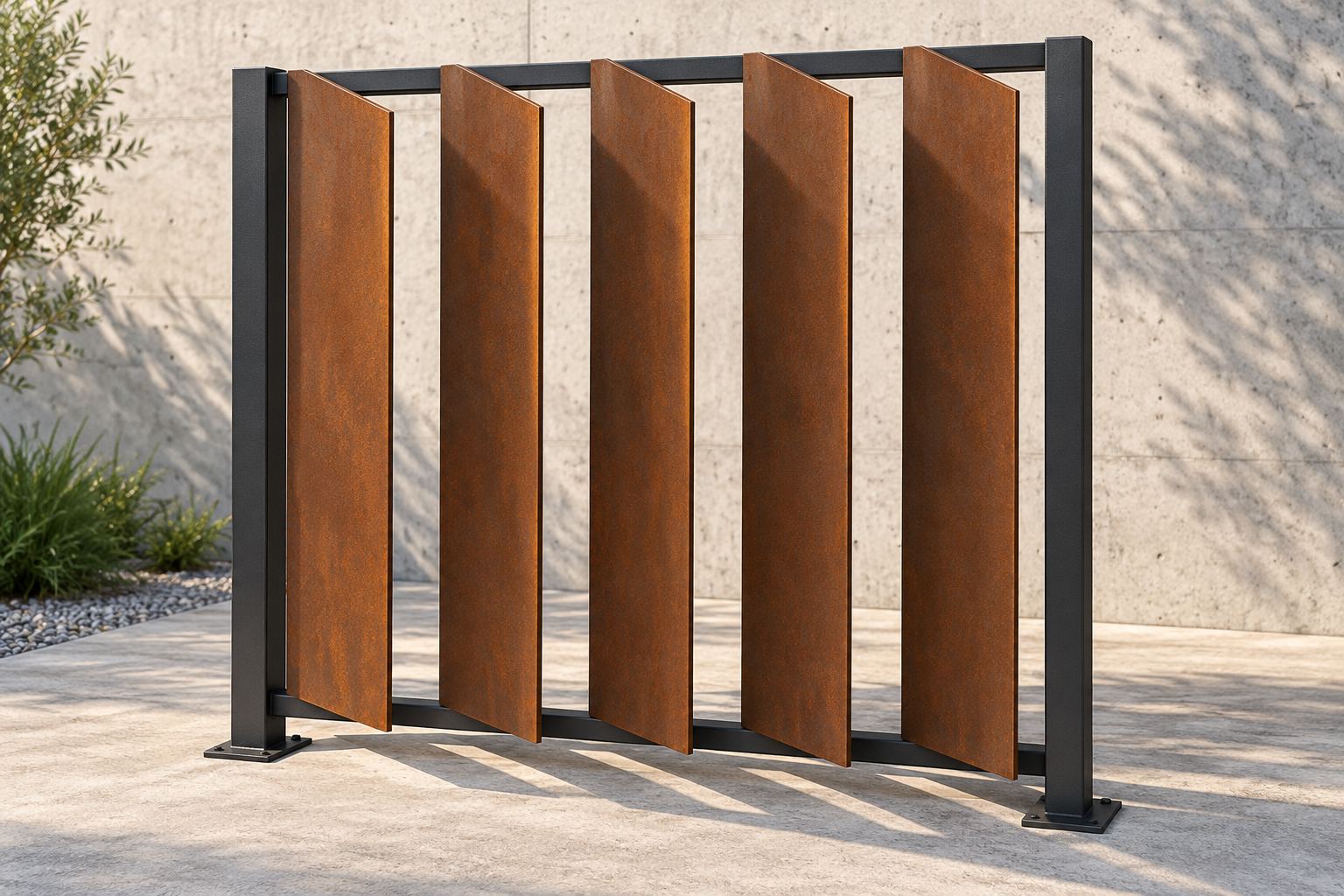 A sample frame with evenly spaced vertical weathering steel louver fins at a common oblique angle; AI-generated representative illustration