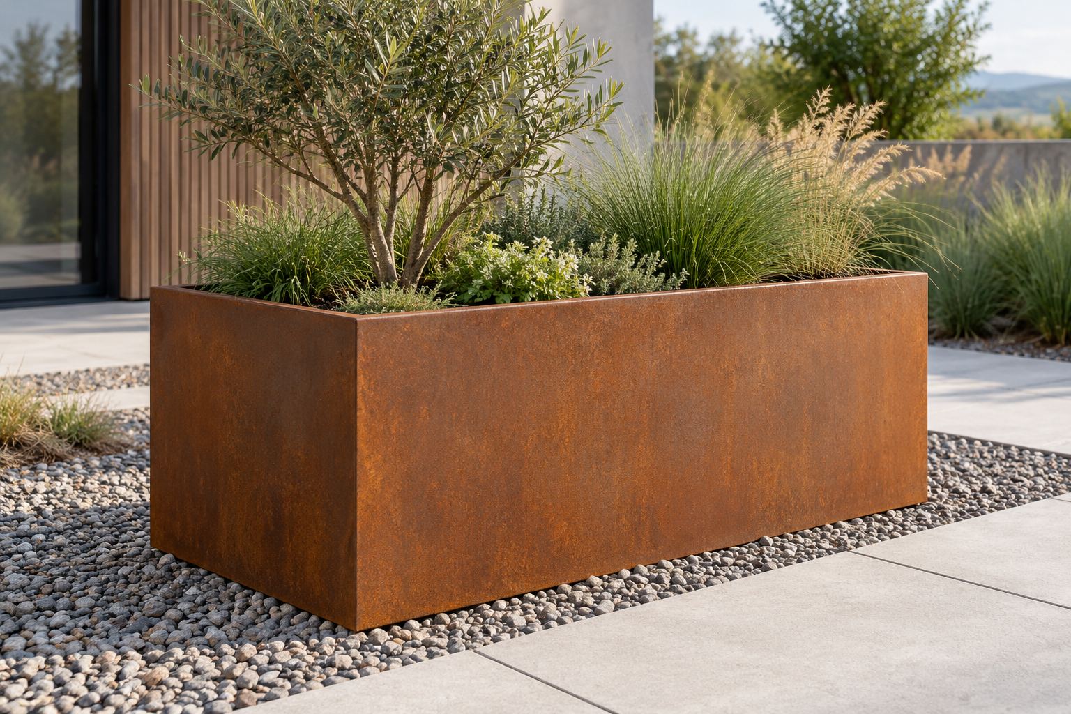A rectangular weathering steel planter box with shrubs beside garden paving; AI-generated representative illustration