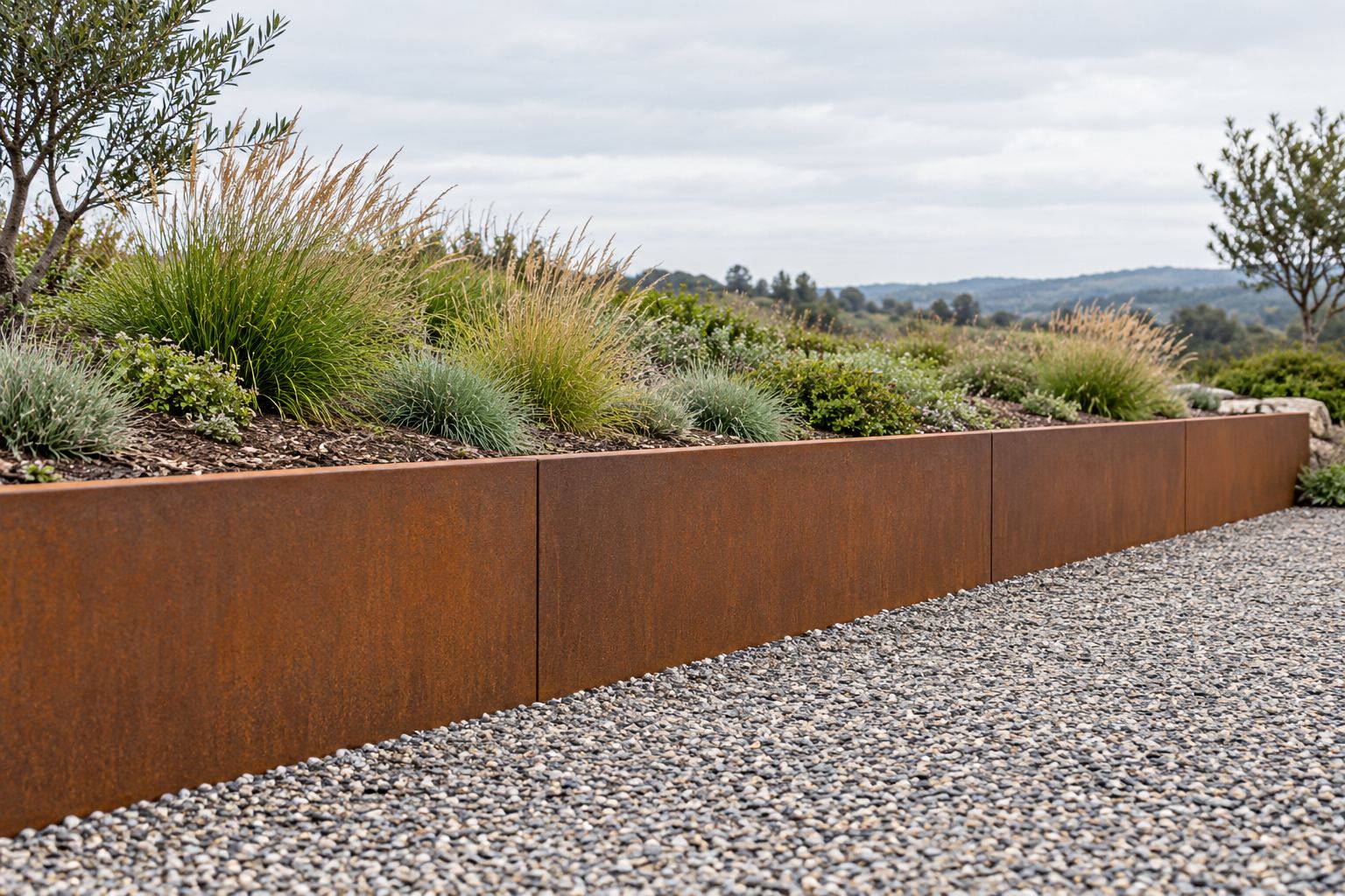 Low weathering steel retaining panels along a shallow planted landscape terrace; AI-generated representative illustration