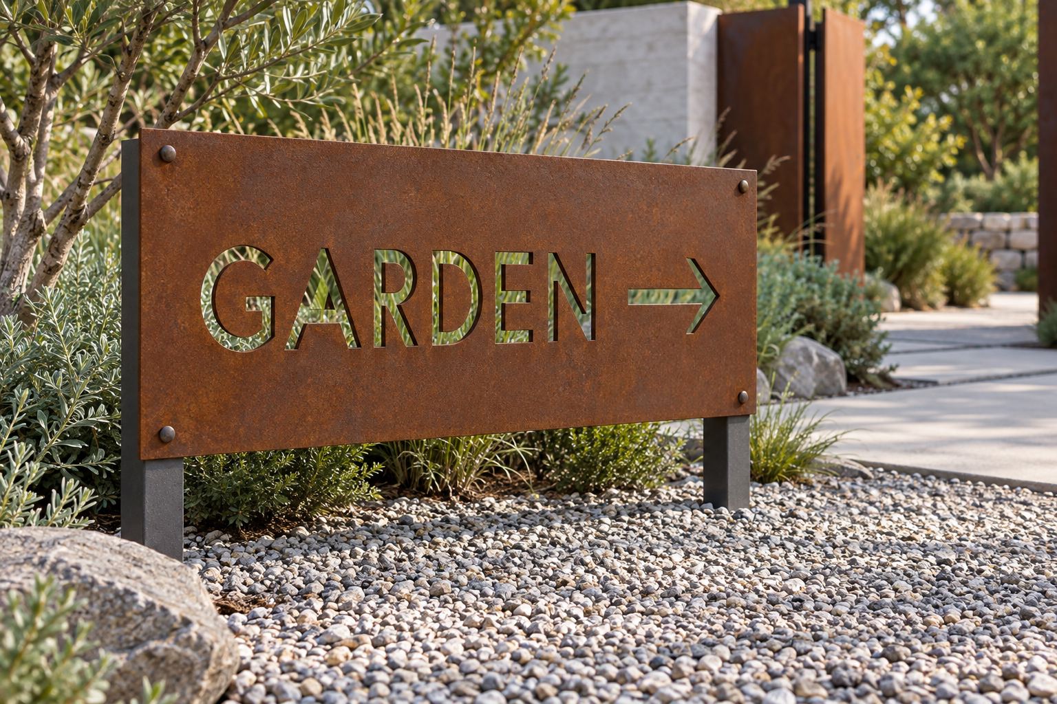 A weathering steel garden sign panel with cut-through lettering and a direction arrow; AI-generated representative illustration